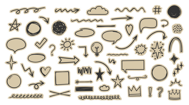 Collection of hand-drawn sketch elements arranged in a scattered layout, featuring arrows, speech bubbles, stars, hearts, crowns, and assorted decorative shapes in a sticker style