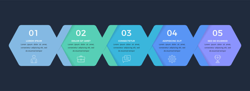 Modern infographic template featuring five connected hexagon shapes, dark background