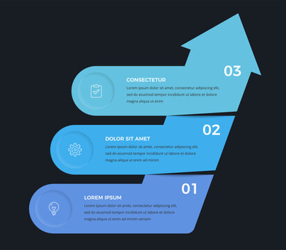 Upward pointing arrow infographic template with three horizontal elements to represent sequential progress, business growth, or a developmental process flow. Dark background