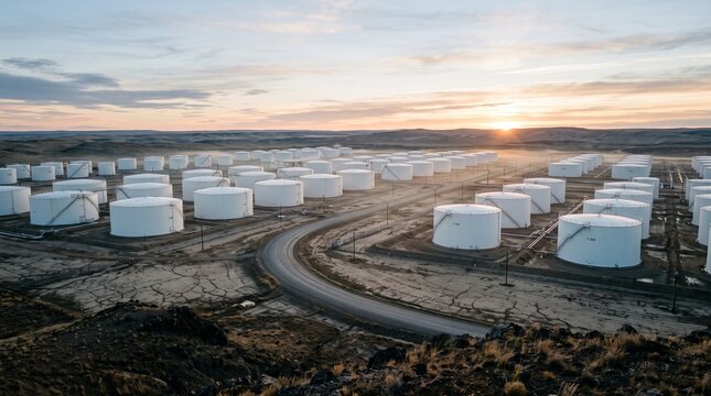 Drilling site pod for crude oil and gas pooling at a tank farm during a dawn sunrise.
