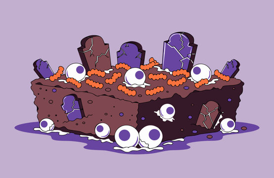 Halloween dirt cake dessert with chocolate crumbs, candy worms, eyeballs and spooky tombstone decorations on purple background