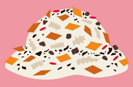 Crunchy textured food with colorful crispy pieces and mixed toppings in a stylized flat vector illustration on pink background