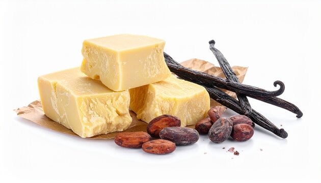 Raw organic cocoa butter blocks with fragrant dried vanilla bean pods and roasted cacao beans for natural cosmetics and wellness skincare products.