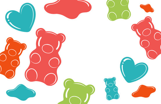 Colorful gummy bears and heart shaped candies in a playful flat vector pattern with bright sweet confectionery shapes on white background