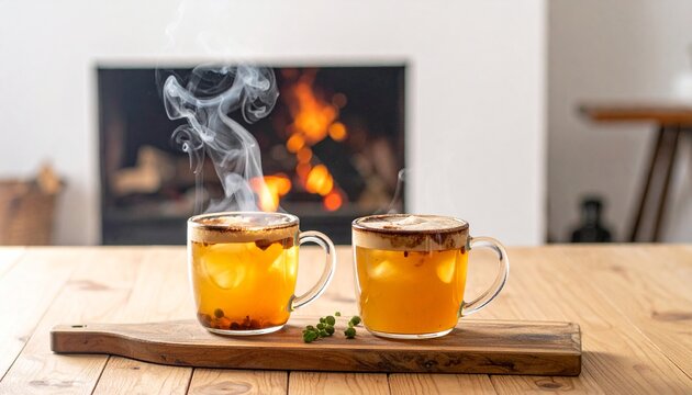 Two steaming glass mugs with warm aromatic herbal infusion on a rustic wooden serving board with a cozy blurred fireplace in the background.