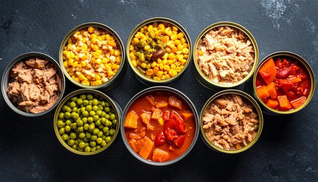 Overhead view of an assortment of open metal cans filled with various nutritious ingredients including vegetables and protein for meal preparation.