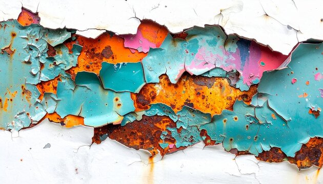 Abstract close up view of weathered metal surface with layers of peeling white paint revealing vibrant colorful paint and textured rust underneath.