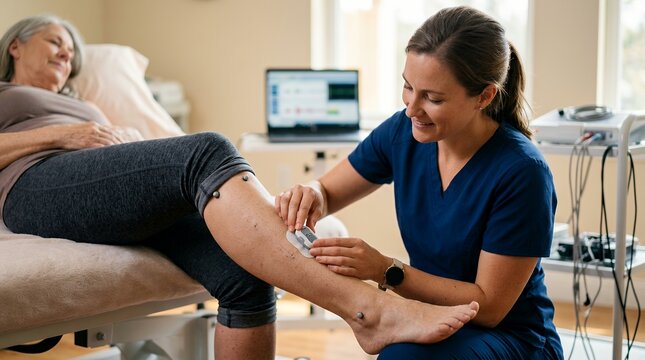 Physiotherapist applying wireless EMG sensors to a patient leg for muscle analysis.