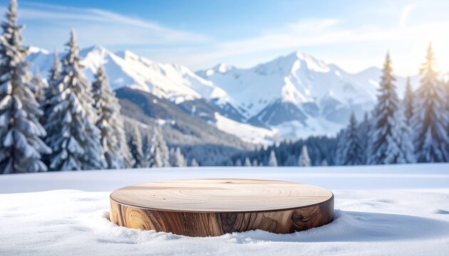 A rustic round wooden podium sitting on fresh white snow with a beautiful mountain landscape background for displaying products in winter.