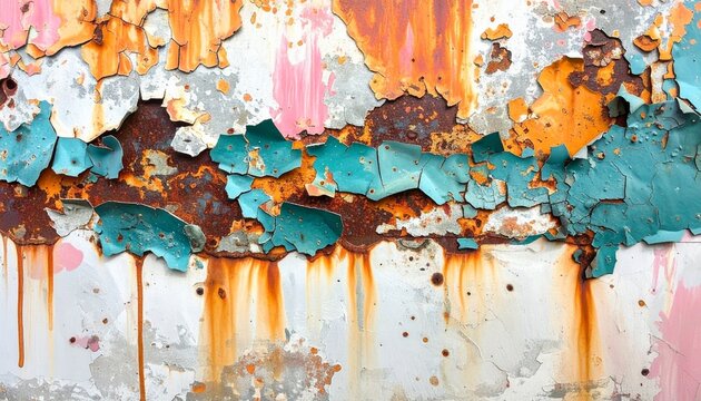 A close up view of an old rusted metal surface with peeling paint layers in blue and orange colors creating a textured abstract background pattern.