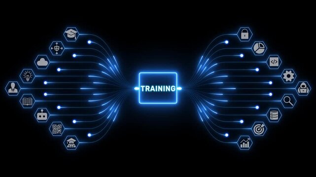 Training concept with connected business icons and glowing blue pathways showing employee development across a corporate network on dark background