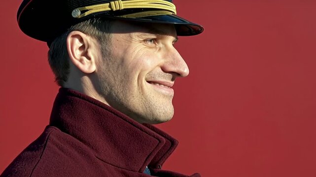 Male night-train conductor in a burgundy conductor s coat three-qu
