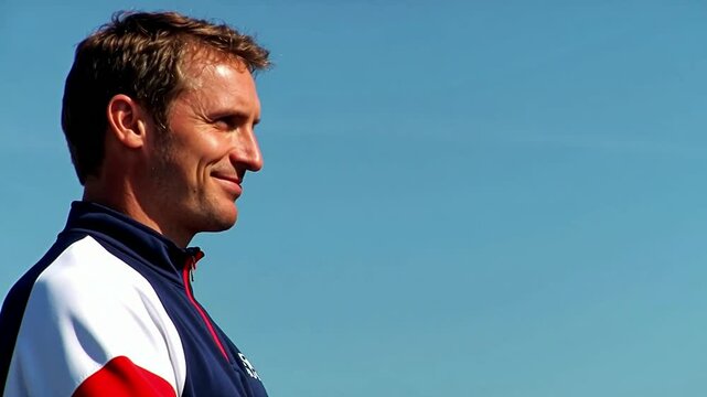 Male rowing coach in a team quarter-zip pullover three-quarter profile