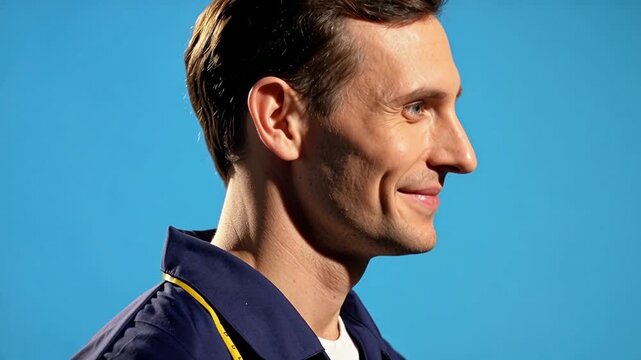 Male costume designer in a navy tailoring smock three-quarter profile