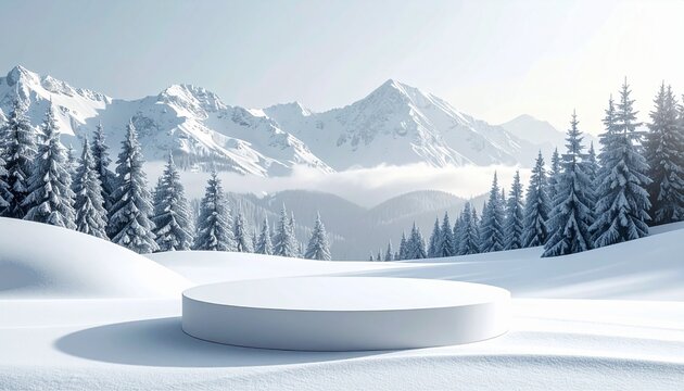A sleek white circular display platform centered in a tranquil snowy mountain landscape surrounded by frosted pine trees under a clear winter sky.