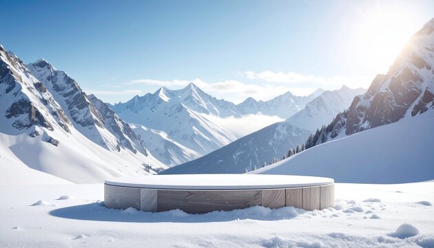 Minimalist wooden product display pedestal standing on a snowy mountain landscape under a bright sunny sky for winter skincare promotion.