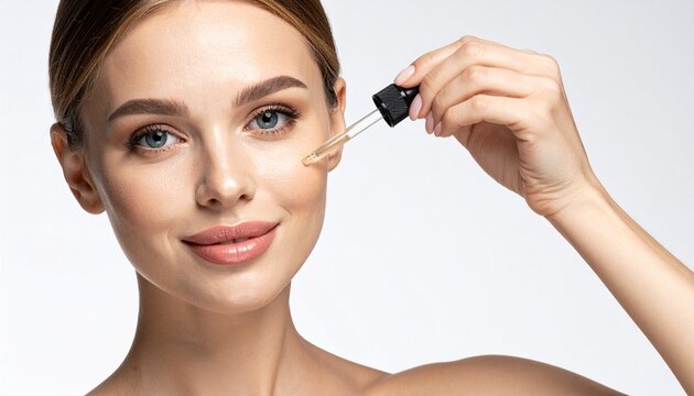 A young beautiful woman applying face serum with a glass dropper on her cheek for glowing skin and facial rejuvenation in a studio portrait.