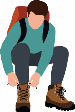 Hand-drawn vector illustration of a crouched hiker with a backpack tying the laces of sturdy brown hiking boots before a trekking adventure outdoors