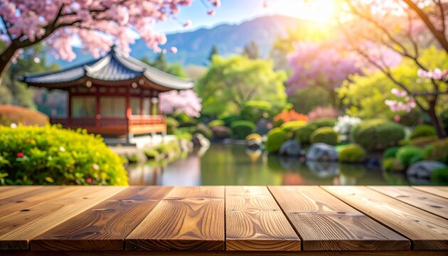 Beautiful wooden table top surface with a blurred scenic background of a tranquil garden with cherry blossoms and a traditional temple structure.