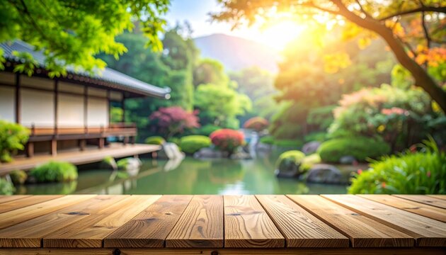 Wooden table foreground with a blurred background of a traditional peaceful zen garden featuring a calm pond and lush trees during sunny day.