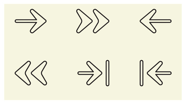 Set of black outline directional arrows pointing right left double aligned to bar symbols with right arrow line art user interface web icons navigation symbols