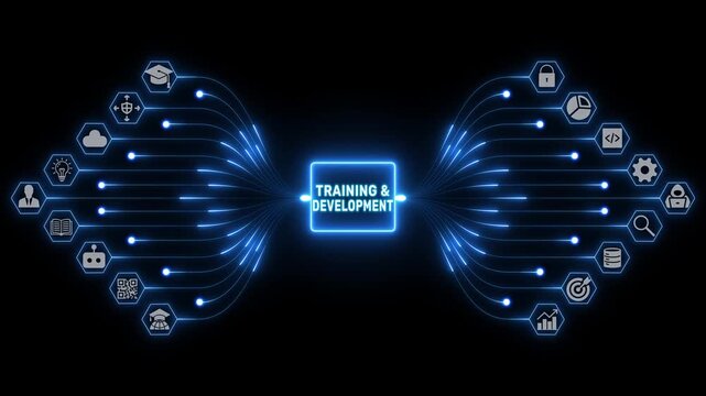 Training development with education and workforce icons linked by glowing pathways across a professional learning network, 4K black background visuals