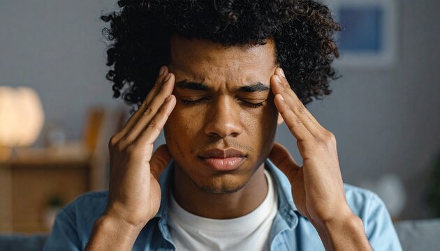 A young man suffering from a severe headache or migraine while sitting at home with his eyes closed and holding his temples in deep discomfort.