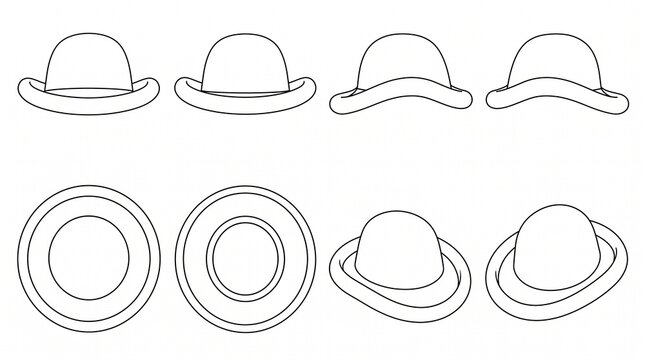Bowler Hat Vector Outline Set - Derby Hat Line Art Icons in Different Perspectives for Graphic Design and Coloring