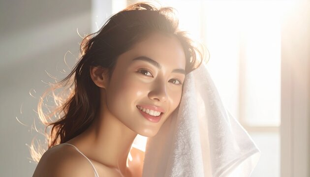 Radiant young woman with glowing skin smiling while gently wiping her face with a soft white towel in a bright morning sunlit bathroom scene.