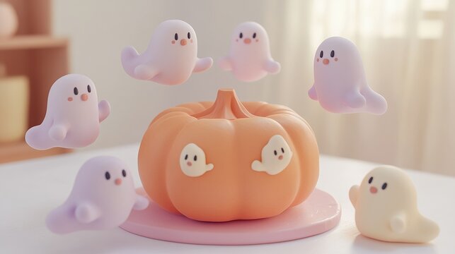Cute Halloween pumpkin and little ghosts 3D illustration