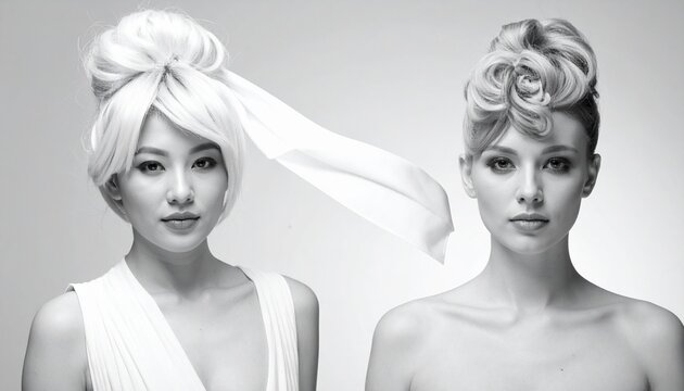 Two beautiful women with elegant high fashion hairstyles posing together in a studio setting for a professional beauty or hair salon concept.