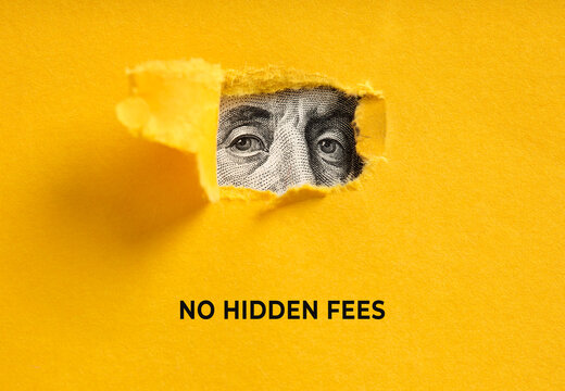 Benjamin Franklin's eyes appearing through torn paper, showing no hidden fees, financial transparency concept