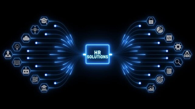 HR solutions concept with connected workforce icons and glowing pathways for employee management and services on a black background, 4k visuals