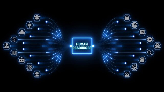 Human resources concept with connected workforce icons and glowing pathways for employee management and operations on a black background, 4K visuals