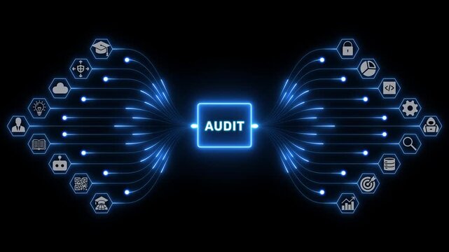 Audit concept with connected finance icons and glowing pathways for analysis, compliance and corporate review on a black background, 4K visuals