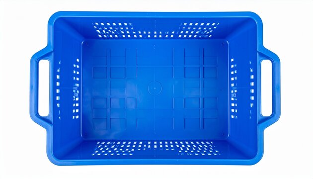 A top down view of a vibrant blue rectangular plastic storage crate isolated on a clean white background suitable for industrial logistics use.