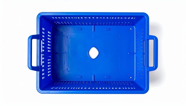 An empty blue plastic crate or storage basket with a rectangular design viewed from directly above against a clean isolated white background.