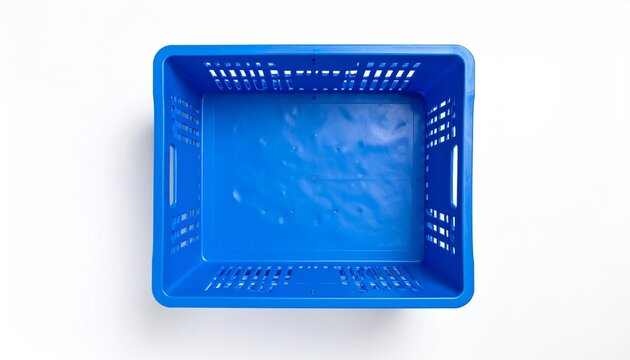 A top down view of a vibrant blue plastic storage crate isolated on a clean white background perfect for logistics or warehouse organization concepts.
