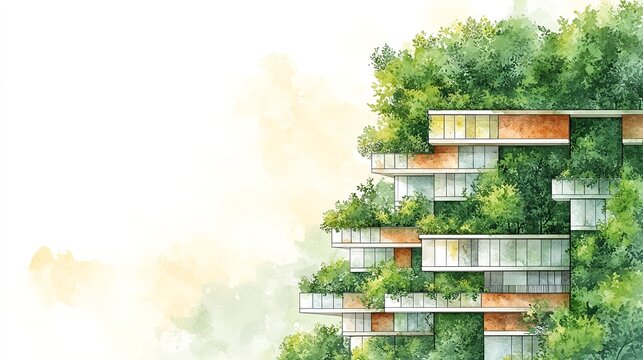 Eco architecture watercolor drawing of green sustainable building