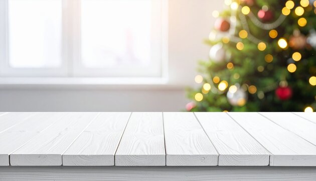 Empty white wooden table top with blurred Christmas tree and golden bokeh lights background perfect for festive product display mockup design.