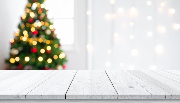Empty white wooden table top with blurred festive christmas tree and golden bokeh lights in the bright background for product display.