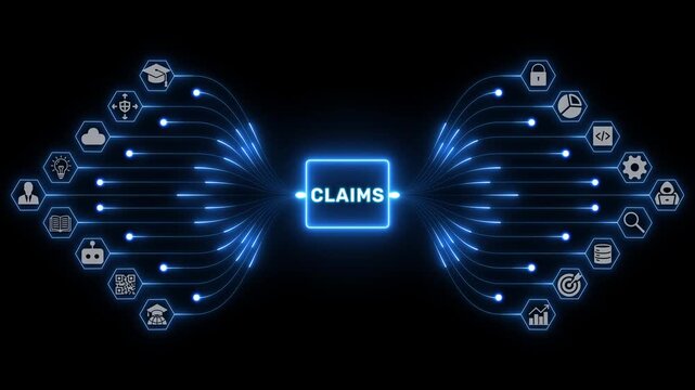 Claims management concept with connected business and technology icons linked by glowing blue digital pathways on a black background, representing insurance data and service workflows