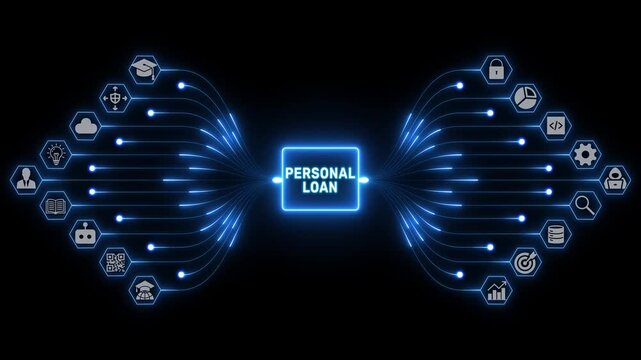 Personal loan concept with connected financial and business icons linked by glowing blue digital pathways on a black background, representing lending and financial services