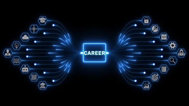 Career concept with connected employment and workforce icons linked by glowing blue digital pathways on a black background, representing professional growth, skills and opportunity