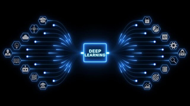 Deep learning concept with connected technology and education icons linked by glowing blue digital pathways on a black background