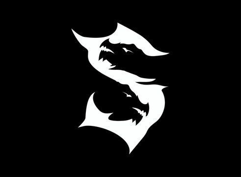 Stylized fantasy dragon emblem with a curved serpentine silhouette, sharp horns, flowing wings, and bold negative-space detailing for gaming, esports, RPG, clan, guild, and fantasy branding.