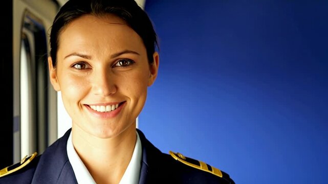 Woman sleeper-train attendant in a navy uniform jacket standing qu