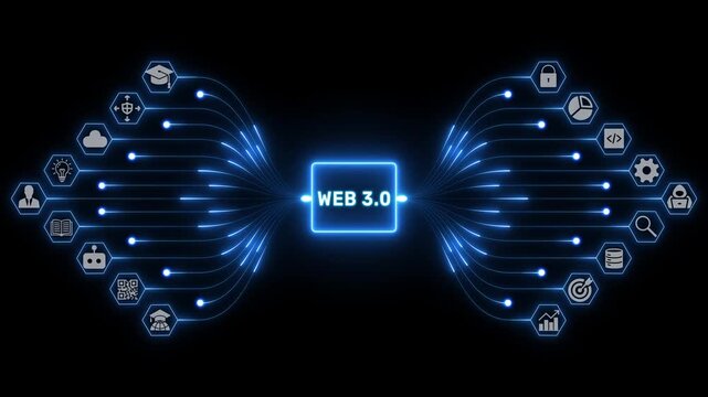 Web 3.0 concept with connected digital icons and glowing blue pathways forming a decentralized technology network on dark black background visual