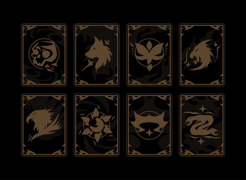 Fantasy tarot card collection featuring mystical animal and magical symbols in an ornate dark style, ideal for RPG games, card games, divination themes, fantasy interfaces, and collectible designs.