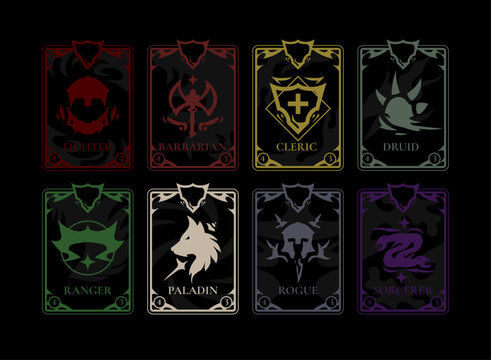 Fantasy RPG class card template featuring Fighter, Barbarian, Cleric, Druid, Ranger, Paladin, Rogue, and Sorcerer cards with dark ornate frames, class emblems, and color-coded fantasy designs.